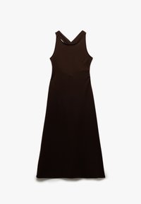 Vestido midi marrón con diseño sin mangas, que presenta un escote redondeado y un detalle en la espalda con tirantes cruzados. Tejido suave y ligero.