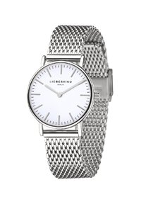 Zilveren mesh horloge met een ronde witte wijzerplaat, minimalistische zilveren uurmarkeringen en wijzers; merknaam "LIEBESKIND" staat bovenaan vermeld.