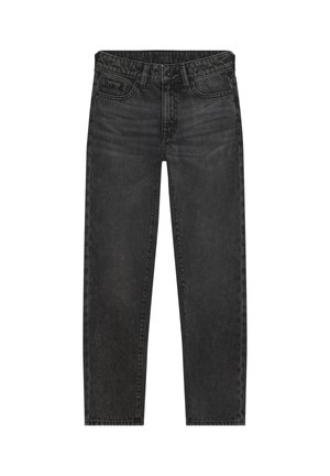 Zwarte denim jeans met een rechte snit, vijfzakkenontwerp en knoopsluiting, plat weergegeven op een witte achtergrond.