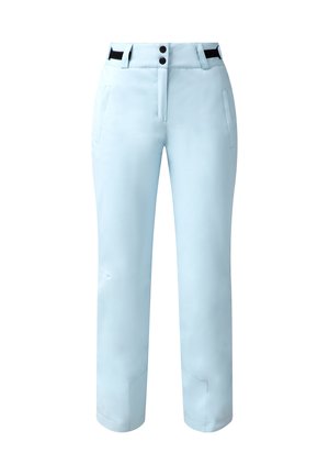 Helleblaue wasserdichte Hose mit geradem Bein, zwei Fronttaschen, zwei Knopfverschluss und schwarzer Taillenakzent. Glatte Textur.