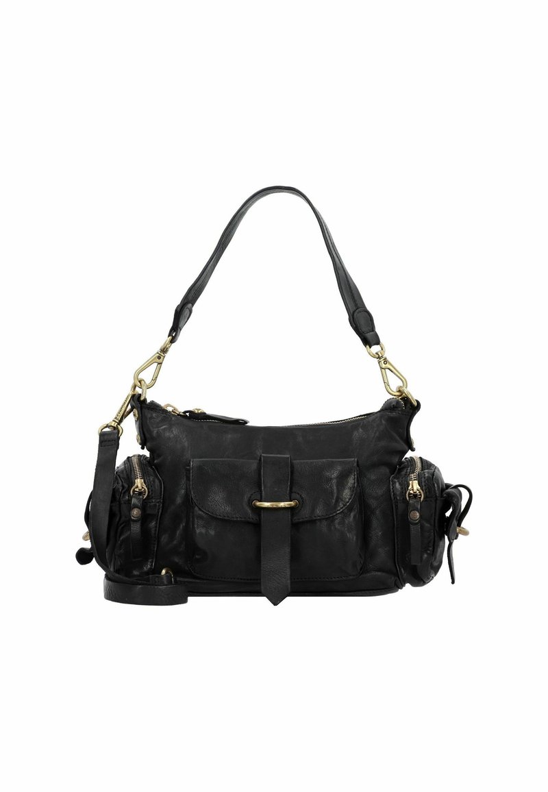 Borsa in pelle nera con design strutturato, dettagli in metallo argentato, due tasche laterali e una tracolla superiore. Finitura texturizzata in tutto.