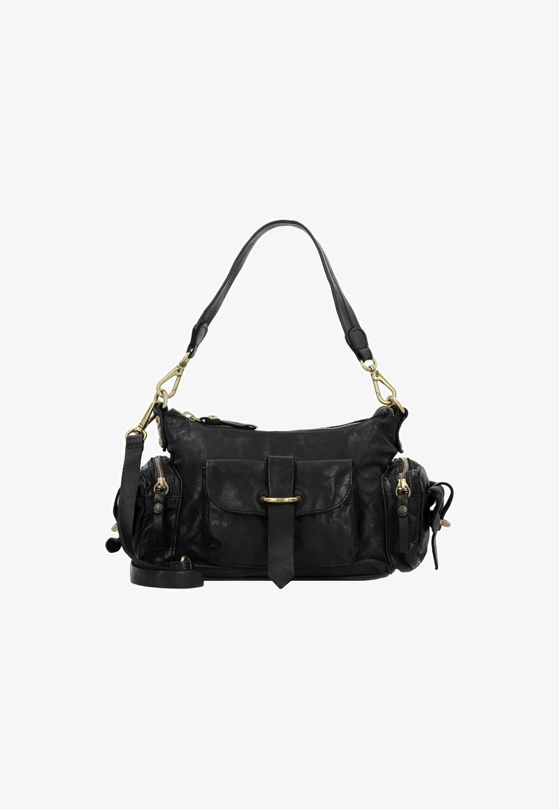 Bolso de cuero negro con diseño estructurado, acentos de hardware plateado, dos bolsillos laterales y una asa de transporte superior. Acabado texturizado en todo el bolso.