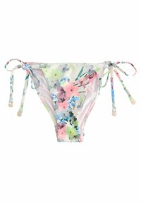Cvetni bikini spodnji del z metuljčki, okrašen z barvnimi cvetovi na svetli podlagi, izdelan iz mehkega elastičnega materiala. Zlati dodatki.