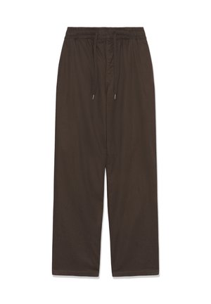 Pantalones marrones de corte holgado con cintura elástica y cordón ajustable, diseño de pierna recta, sin bolsillos visibles ni adornos.