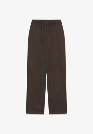 Pantalones marrones de corte holgado con cintura elástica y cordón ajustable, diseño de pierna recta, sin bolsillos visibles ni adornos.