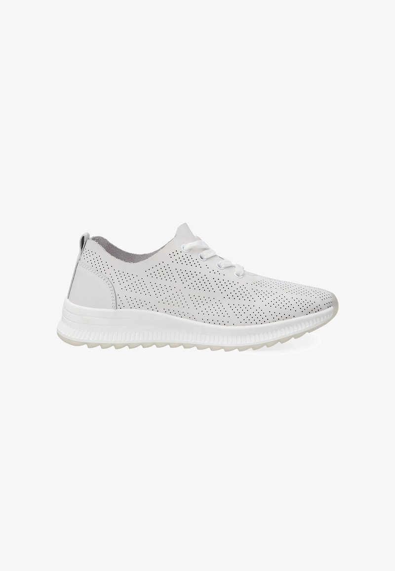 Białe perforowane sneakersy z teksturowanym cholewką, okrągłym noskiem, wiązaniem, amortyzowaną podeszwą oraz subtelnym akcentem na pięcie.