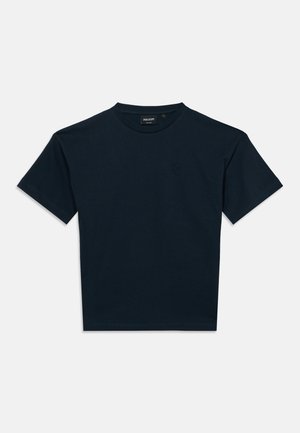 Plain dark navy blue short-sleeve crew neck t-shirt with a small embroidered logo on the left chest.