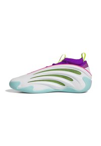 Sneaker med en hvid og grøn mesh-overdel, lilla accenter og en turkise gummisål, med bølgede designelementer på siderne.