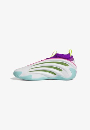 Sneaker met een bovenwerk van wit en groen mesh, paarse accenten en een turquoise rubberen zool, met golvende ontwerpelementen aan de zijkanten.