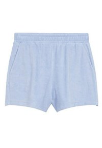 Pantalones cortos de toalla de color azul claro con cintura elástica y bolsillos laterales, diseñados para uso casual.