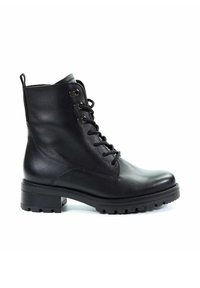 Zwarte leren enkelboots met een vetersluiting, ronde neus, stevige blokhak en een rubberen zool met tekstuur en zichtbare profiel.