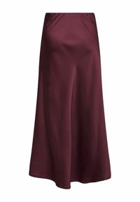 Jupe midi en satin bordeaux avec une texture lisse, coupe évasée et taille élastique pour un confort optimal.