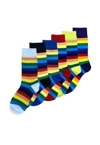 Calcetines a rayas multicolores, con atrevidas rayas horizontales en azul, rojo, verde, amarillo y púrpura, fabricados en una mezcla de algodón.