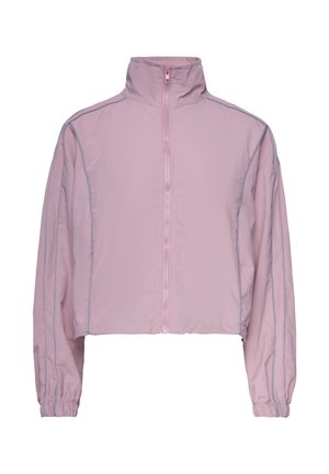 Veste courte rose clair avec manches longues, col montant, fermeture éclair à l'avant et subtils détails de coutures verticales sur les manches et le corps.