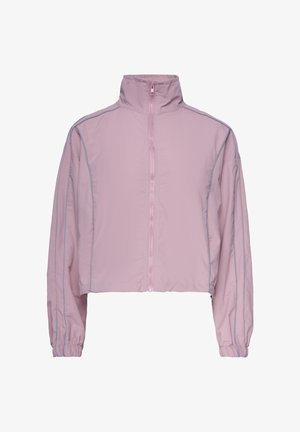 Hellrosa, kurz geschnittene Jacke mit langen Ärmeln, hohem Kragen, vorderem Reißverschluss und dezenten vertikalen Nahtdetails an Ärmeln und Körper.