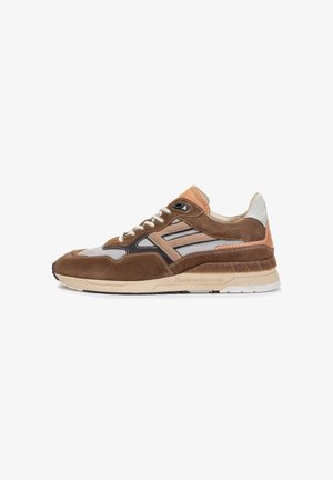 Sneaker in suede marrone con accenti in rete e pelle. Presenta una suola beige, elementi scuri a contrasto e un design con lacci. Finitura testurizzata.