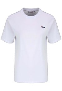 T-shirt bianca in cotone con collo rotondo, maniche corte e un piccolo logo ricamato in rosso e blu sul petto.