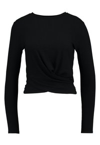 Mustapaita, jossa on pitkät hihat, ribbikangasta; siinä on kiero etuosasuunnittelu ja pyöreä pääntie. Suuri tekstuuri, slim-fit -silhuetti.
