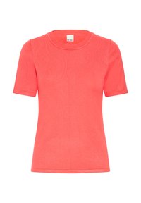 T-shirt corail à manches courtes et col rond en tissu maille doux. Dispose d'une texture lisse et d'une coupe simple et classique. Étiquette au niveau de l'encolure.