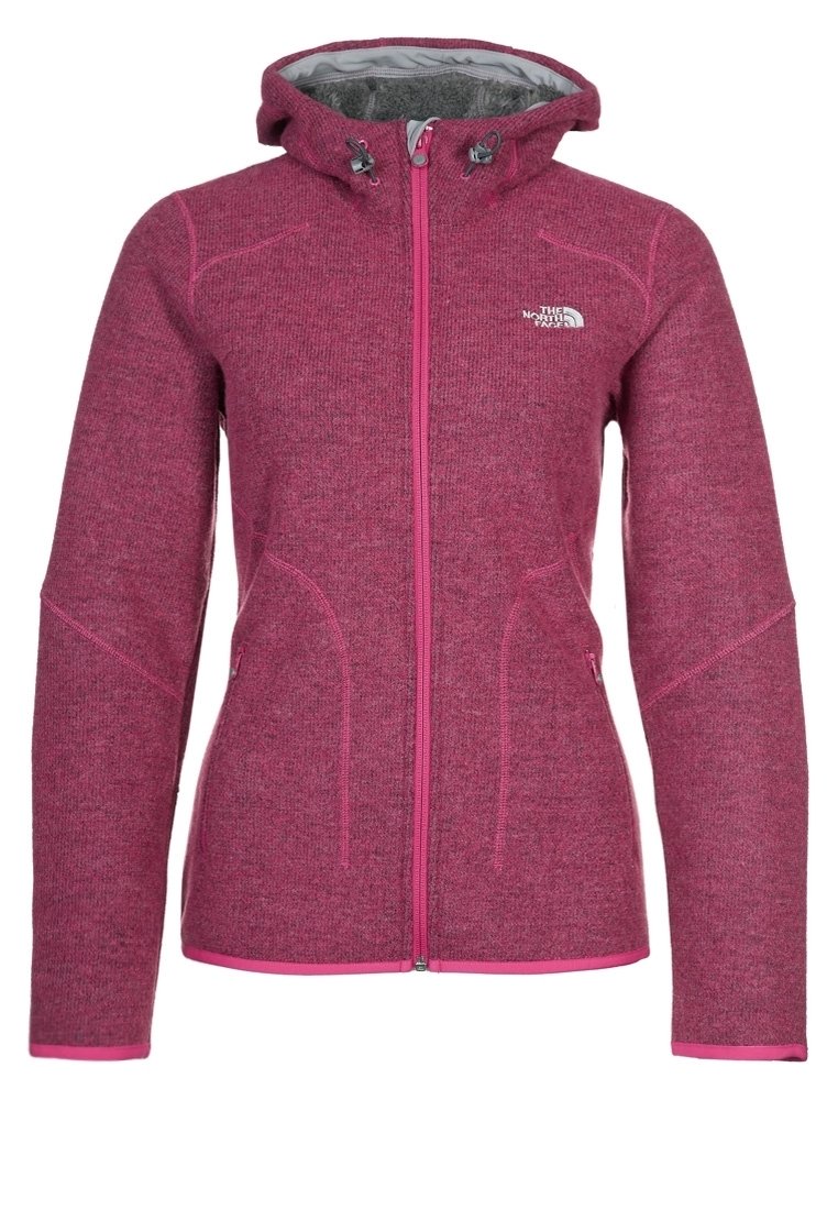 Rosa fleecejacka med huva, åtsittande design, dragkedjestängning, kontrasterande dragkedjor och sidofickor. Mjuk textur med subtilt melerat mönster.