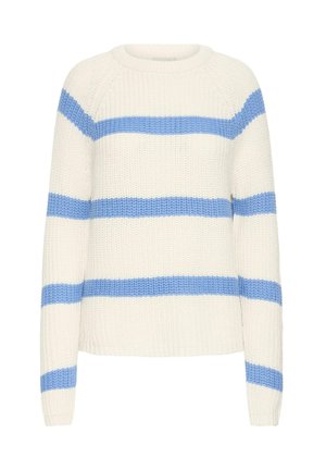 Pulover tricotat crem cu dungi albastre. Are un gât rotund, mâneci lungi și o croială lejeră. Textura este groasă și texturată.