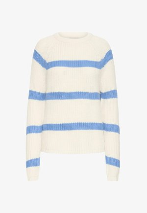 Kreemist lõngast kootud sviiter siniste triipudega. Omab ümarat kaelust, pikki varrukaid ja lahedat lõiget. Tekstuur on paks ja tekstureeritud.