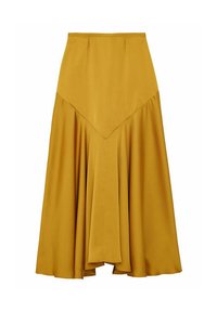 Jupe jaune moutarde à taille haute, avec un design plissé et une silhouette A-line volumineuse, fabriquée en tissu lisse. Présente un détail de couture diagonale.