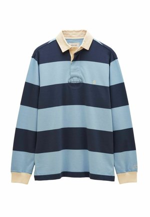 Langärmeliges Rugby-Shirt mit breiten horizontalen Streifen in Marineblau und Hellblau, beigem Kragen und Manschetten sowie kleinem gesticktem Logo auf der Brust.