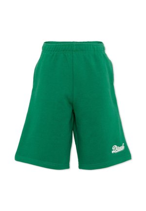 Shorts décontractés verts avec taille élastique et logo blanc « Diesel » sur la partie inférieure de la jambe gauche, affichés sur fond blanc.