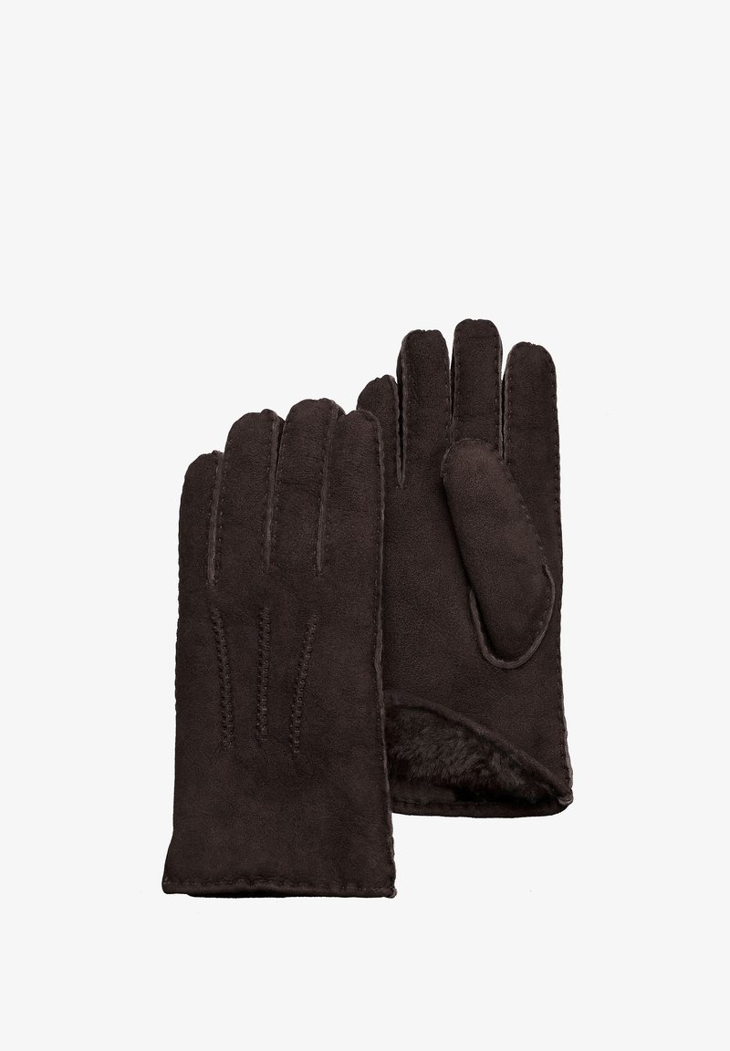 Braune Wildlederhandschuhe mit einer glatten Textur, verziert mit genähten Akzenten und einem weichen Futter, hergestellt für Wärme und Komfort.