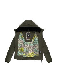 Maslinasto zelena puffer jakna, sa obloženjem u više boja sa apstraktnim uzorcima, kapuljačom i teksturiranim materijalom.