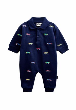 Tmavomodrý detský overal s golierom a gombíkmi, zdobený malými farebnými vyšívanými autíčkami po celej ploche.