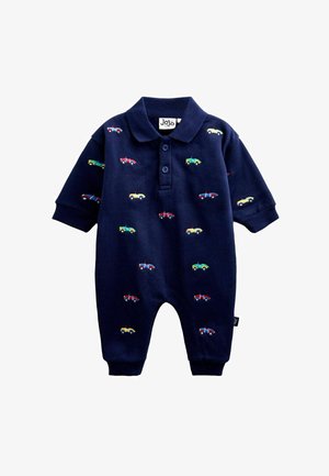 Navyblå baby-dragt med krave og knapper, dekoreret med små farverige broderede biler over det hele.