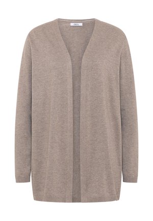 Cardigan beige clair, à l'avant ouvert, avec des manches longues, en tricot doux et texturé, coupe droite, sans fermeture, design minimal. Idéal pour superposer.