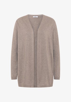 Cardigan beige claro, de frente abierto, de mangas largas, con un tejido suave y texturizado, corte recto, sin cierres, diseño minimalista. Ideal para superponer.