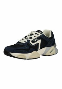 Baskets bleu foncé et noir avec semelle et lacets blancs, avec des panneaux en mesh et en daim et un marquage "Replay" sur le côté et le talon.