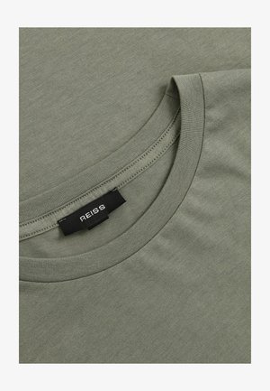 Olivengrøn bomulds T-shirt med rund hals, glat tekstur og syede kanter. Har et REISS mærkelabel ved kraven.