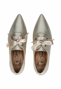 Scarpe argentate metalliche con punta affilata, lacci in raso e una superficie liscia e texturizzata. L'interno presenta una stampa dettagliata.