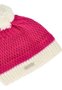 Stickad mössa med en gradient från stark rosa till vit. Försedd med en fluffig vit pom-pom och en silverfärgad märkesetikett i botten.