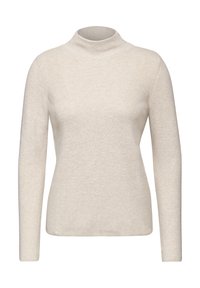 Beiger Rollkragenpullover mit gerippter Textur, langen Ärmeln und tailliertem Design. Glattes Material mit leichtem Glanz, minimalistischer Stil.