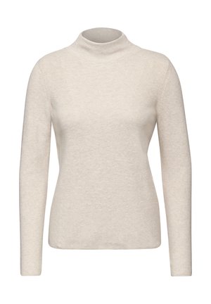 Maglione beige a collo alto con texture a coste, maniche lunghe e design aderente. Tessuto liscio con leggero lucido, stile minimalista.