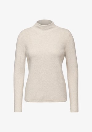 Beige coltrui met geribbelde textuur, lange mouwen en een aansluitend ontwerp. Gladde stof met een lichte glans, minimalistische stijl.