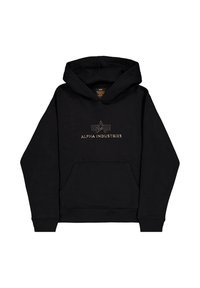 Hanorac negru cu glugă, realizat dintr-un amestec de bumbac, având un buzunar tip kangaroo și un logo frontal cu text aurit și un design de emblemă.