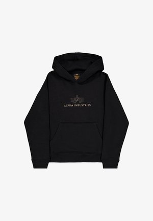 Czarna, bawełniana bluza z kapturem, z kangurzą kieszenią i logo z przodu w złotym kolorze z emblematem.