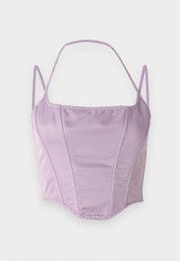 Lilla satin cropped topp med tynne stropper, som har et strukturert design, vertikale sømmer og en rett halsringning. Glatt tekstur.