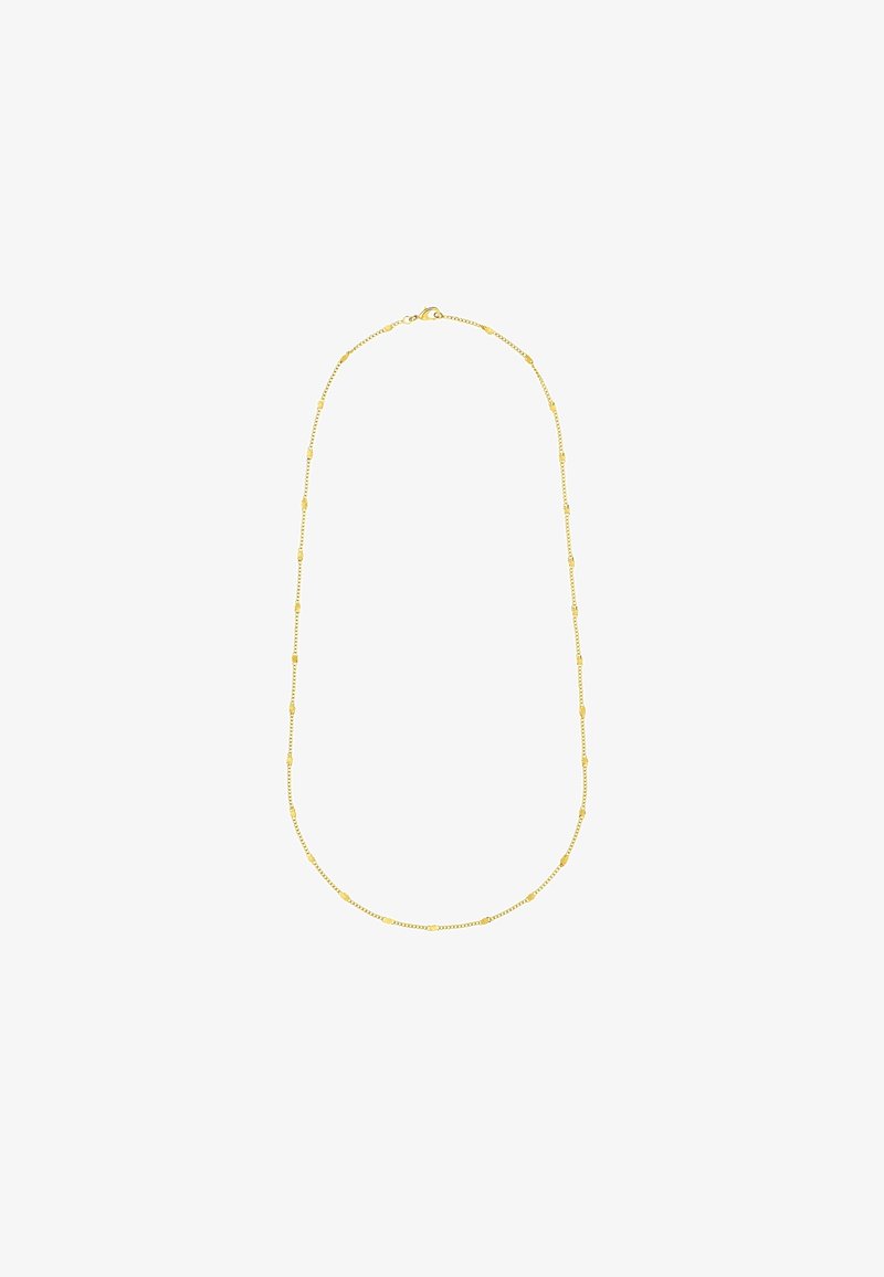 Collier chaîne en or délicat avec de petites perles uniformément espacées et un fermoir mousqueton sur fond blanc.