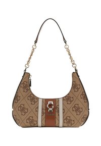 Sac hobo en toile monogrammée marron avec garnitures noires. Présente des accents en chaîne dorée et une plaque logo à l'avant avec un détail rayé marron et beige.