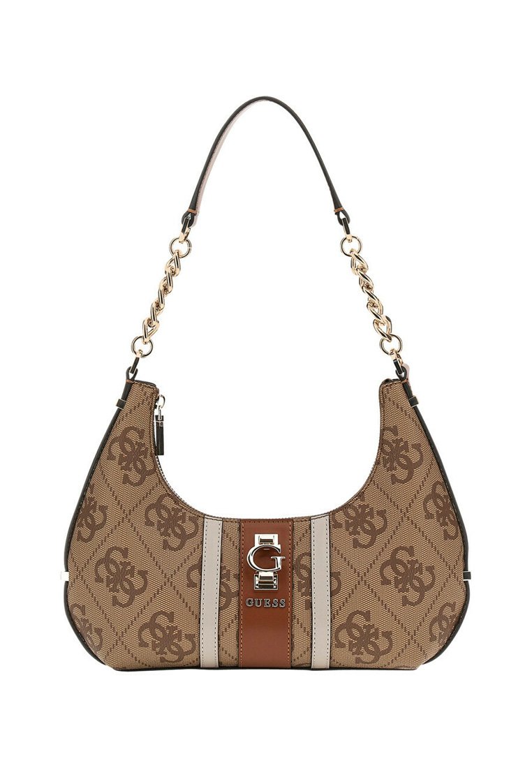 Sac hobo en toile monogrammée marron avec garnitures noires. Présente des accents en chaîne dorée et une plaque logo à l'avant avec un détail rayé marron et beige.