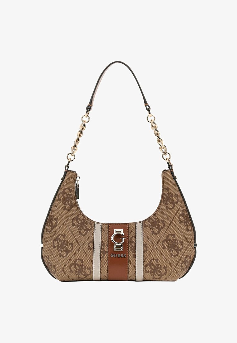 Sac hobo en toile monogrammée marron avec garnitures noires. Présente des accents en chaîne dorée et une plaque logo à l'avant avec un détail rayé marron et beige.