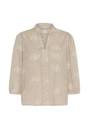 Blouse beige avec de fines rayures horizontales, broderie florale, col mandarin et manches trois-quarts bouffantes.